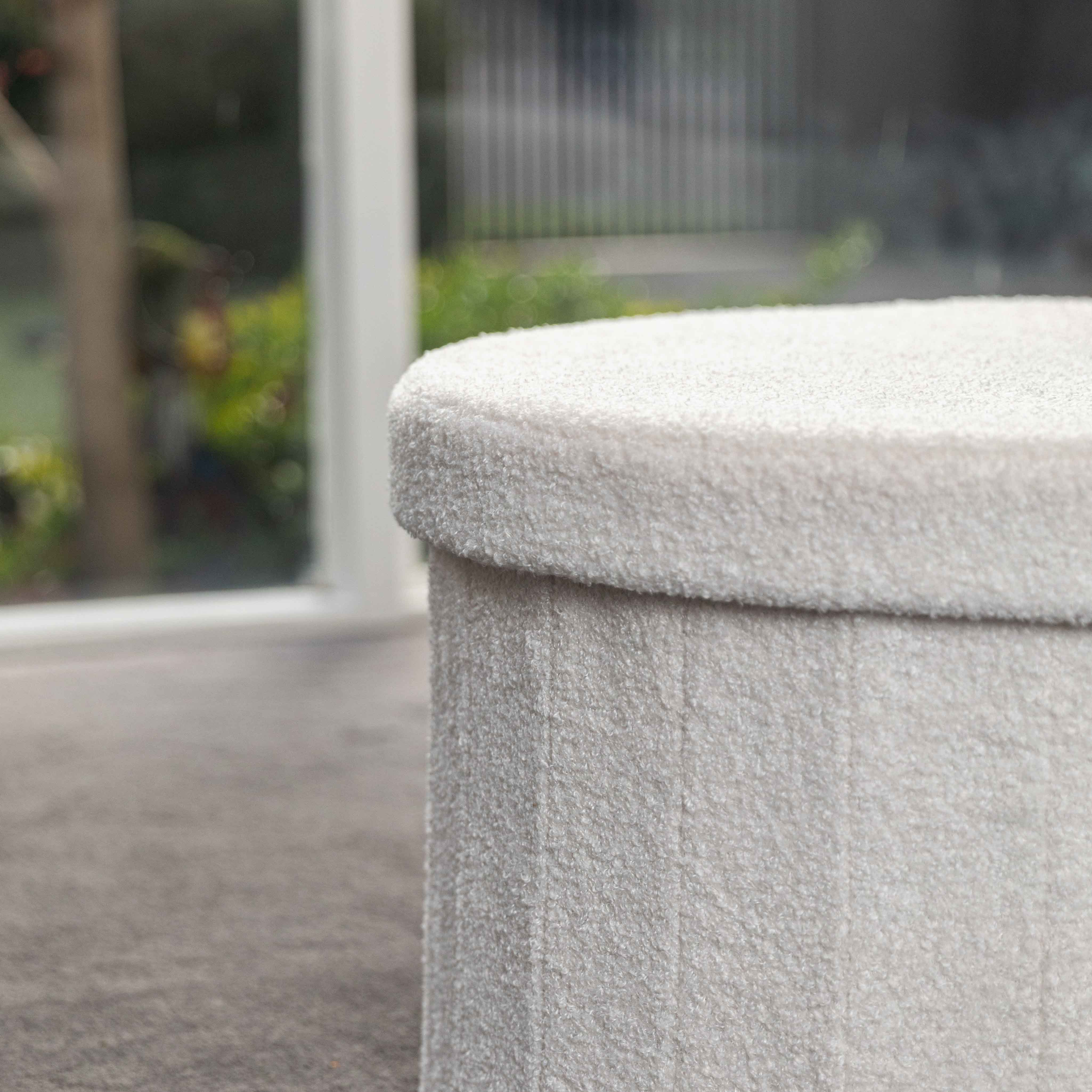 Paneled White Boucle Large Circular Storage Ottoman - Footstool