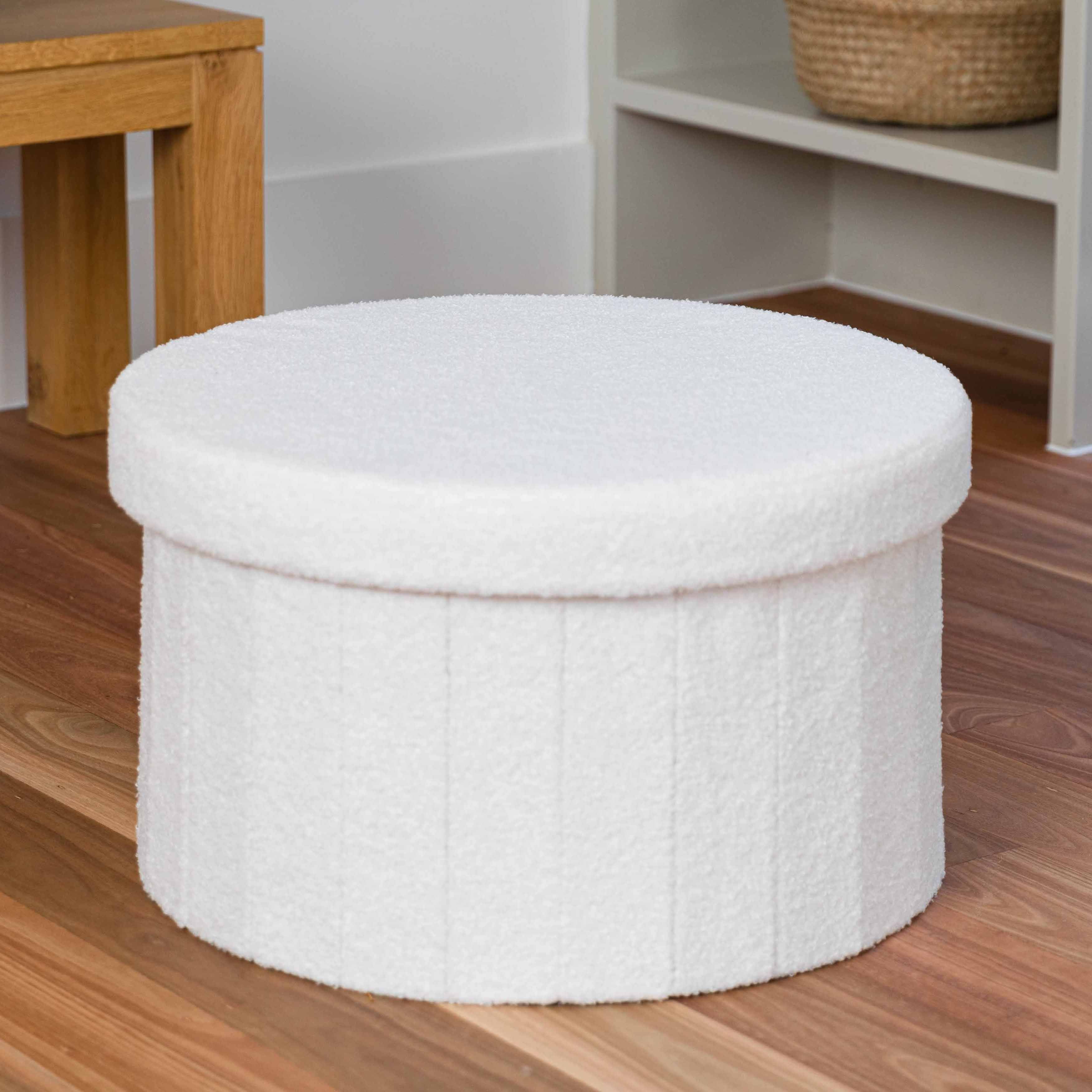 Paneled White Boucle Large Circular Storage Ottoman - Footstool