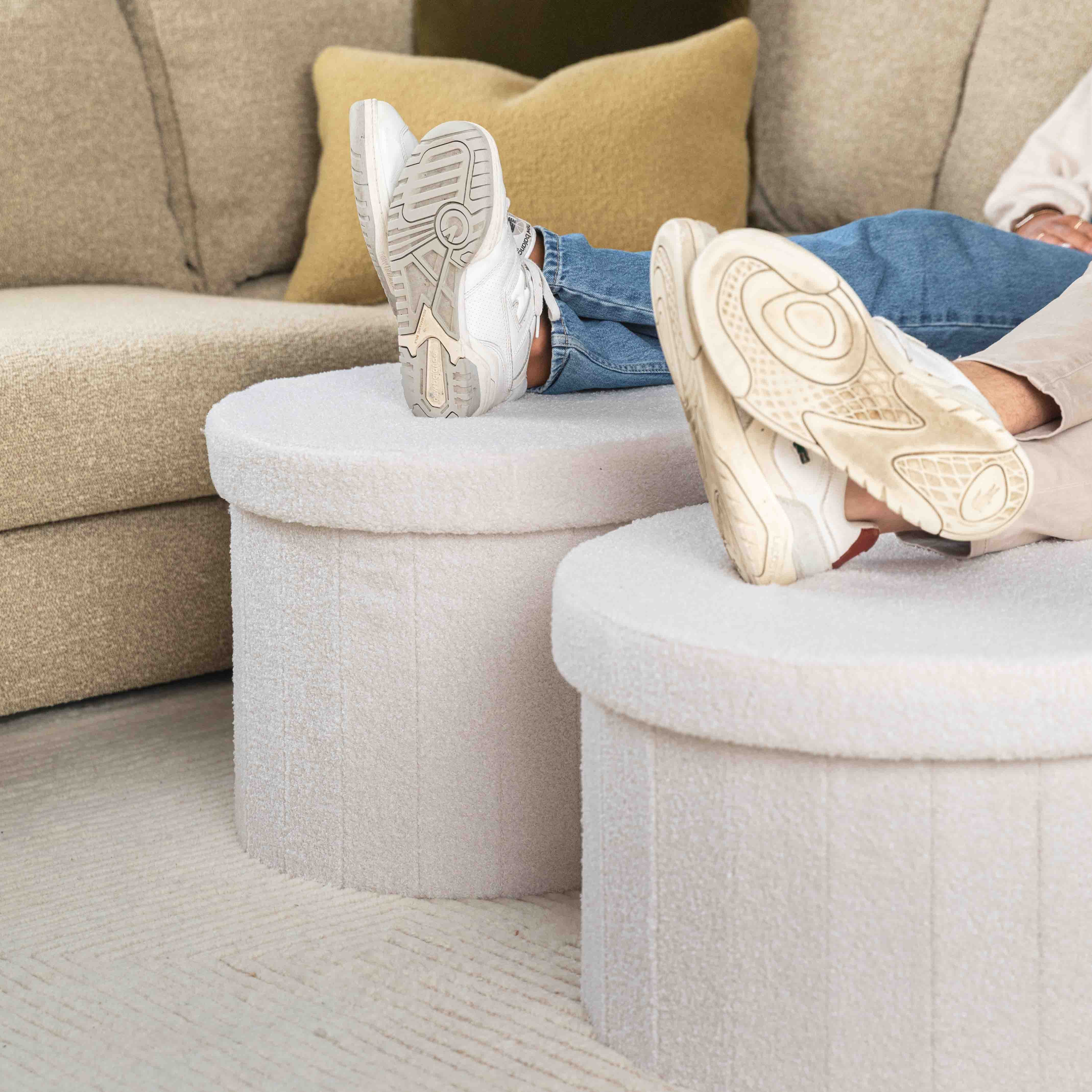 Paneled White Boucle Large Circular Storage Ottoman - Footstool