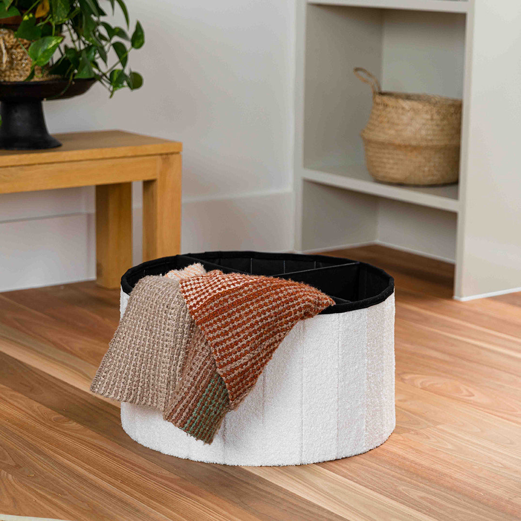 Paneled White Boucle Large Circular Storage Ottoman - Footstool