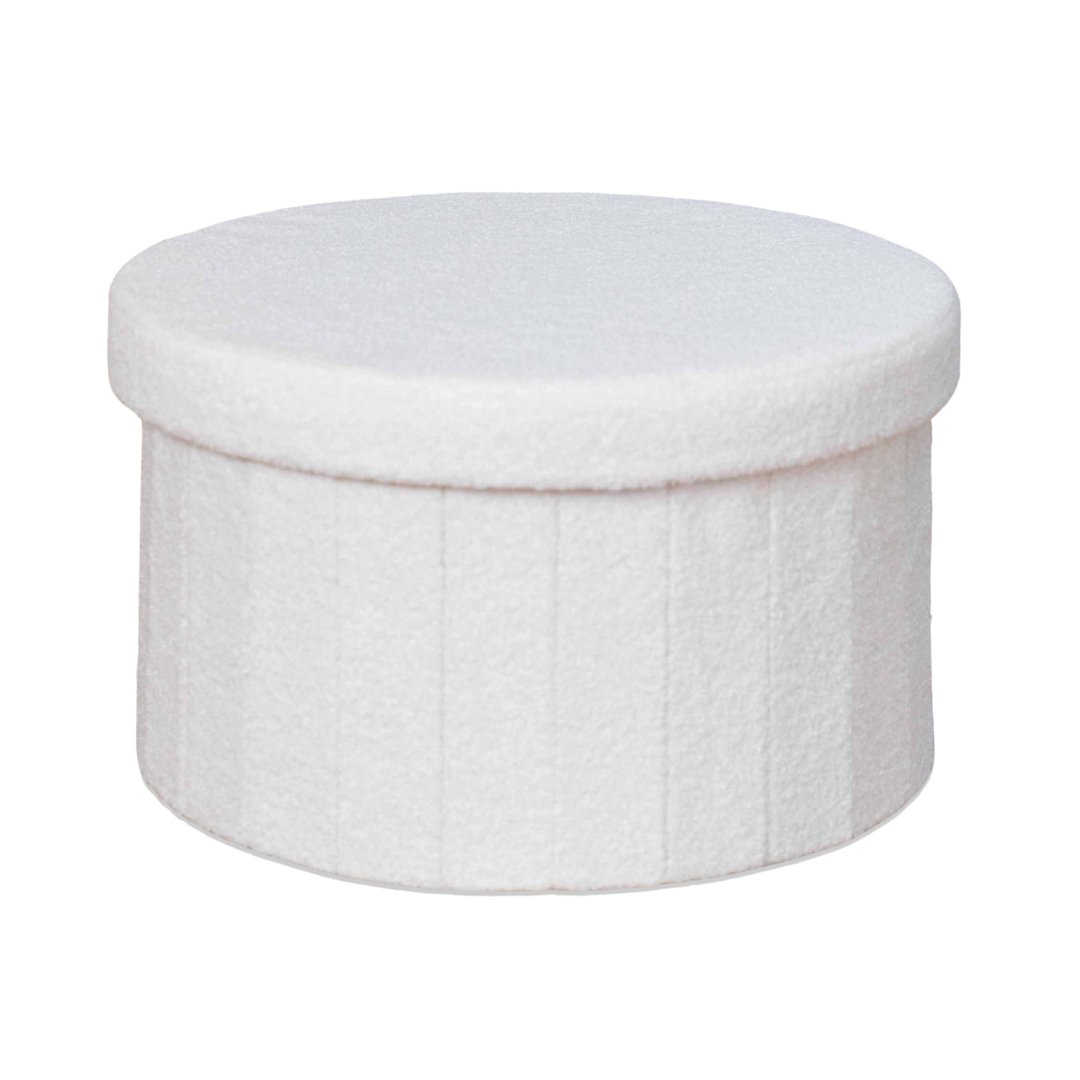 Paneled White Boucle Large Circular Storage Ottoman - Footstool