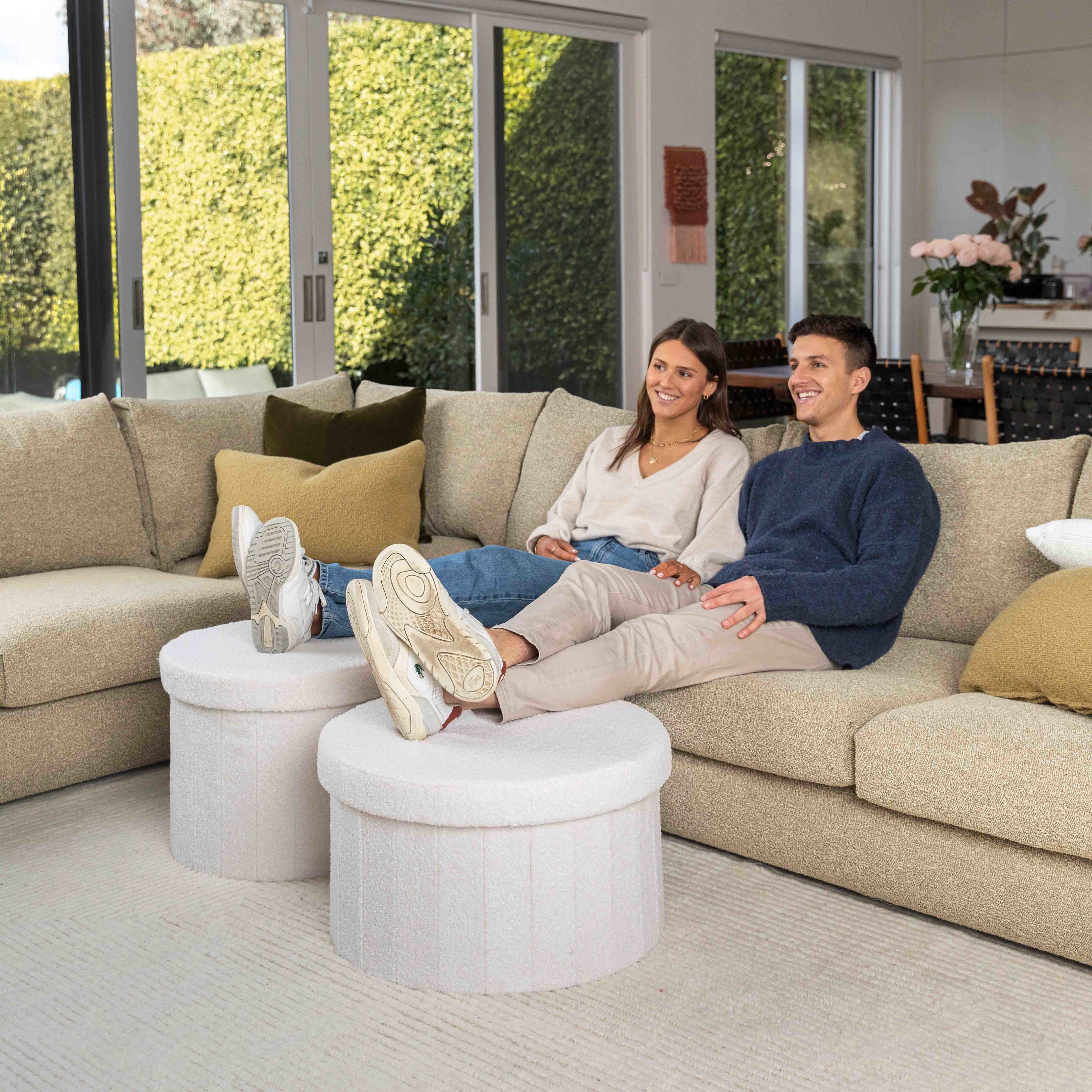 Paneled White Boucle Large Circular Storage Ottoman - Footstool