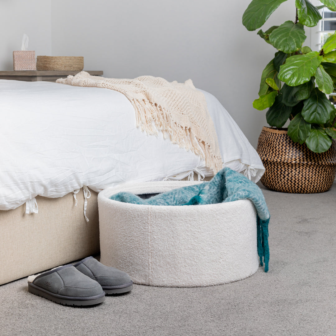 The Ottoman Shop White Circular Boucle Storage Ottoman Foot Stool - The Ottoman Shop