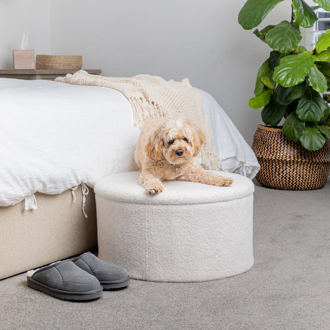 The Ottoman Shop White Circular Boucle Storage Ottoman Foot Stool - The Ottoman Shop