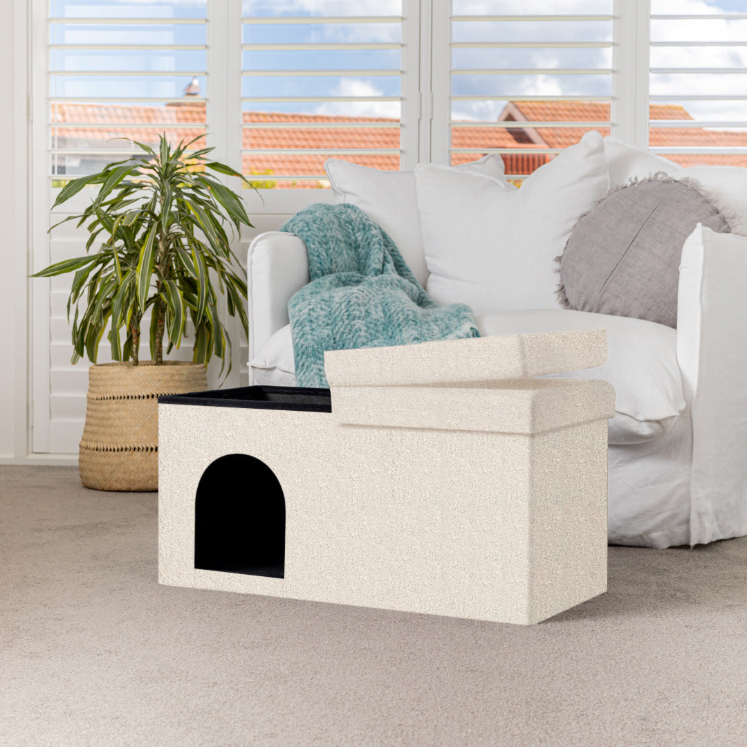 Large White Boucle Pet Ottoman For Dogs and Cats