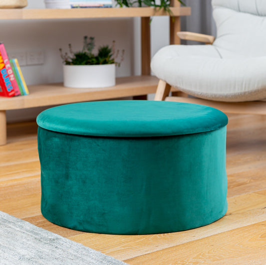 Green Velvet Circular Storage Ottoman - Footstool
