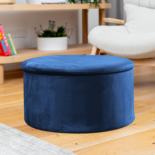 Navy Blue Large Velvet Circular Storage Ottoman - Footstool
