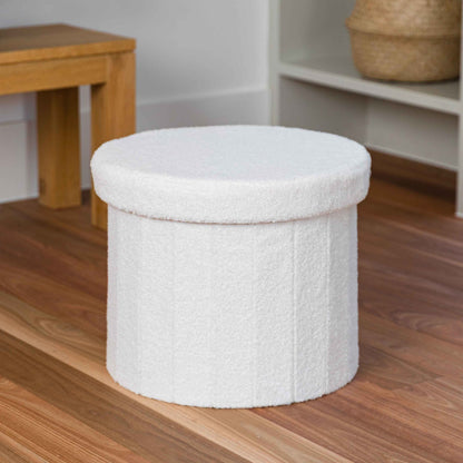 Paneled White Boucle Small Circular Storage Ottoman - Footstool
