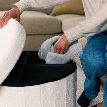 Paneled White Boucle Large Circular Storage Ottoman - Footstool