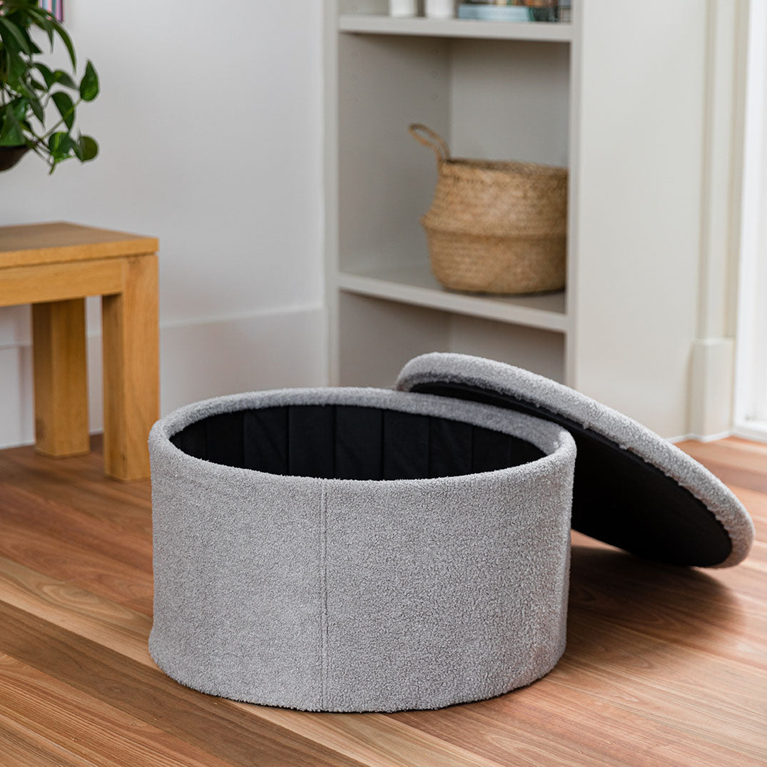 boucle storage ottoman and feature