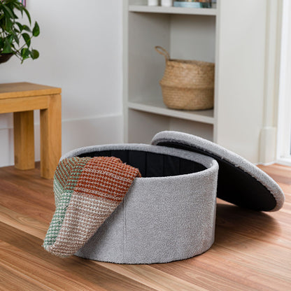 boucle grey round storage ottoman
