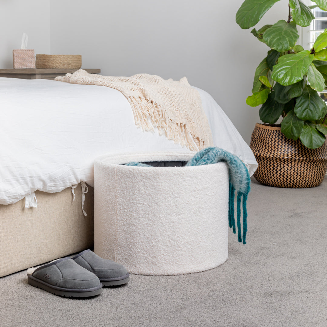 White Boucle Small Circular Storage Ottoman - Footstool