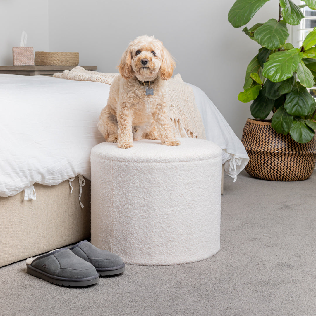 White Boucle Small Circular Storage Ottoman - Footstool