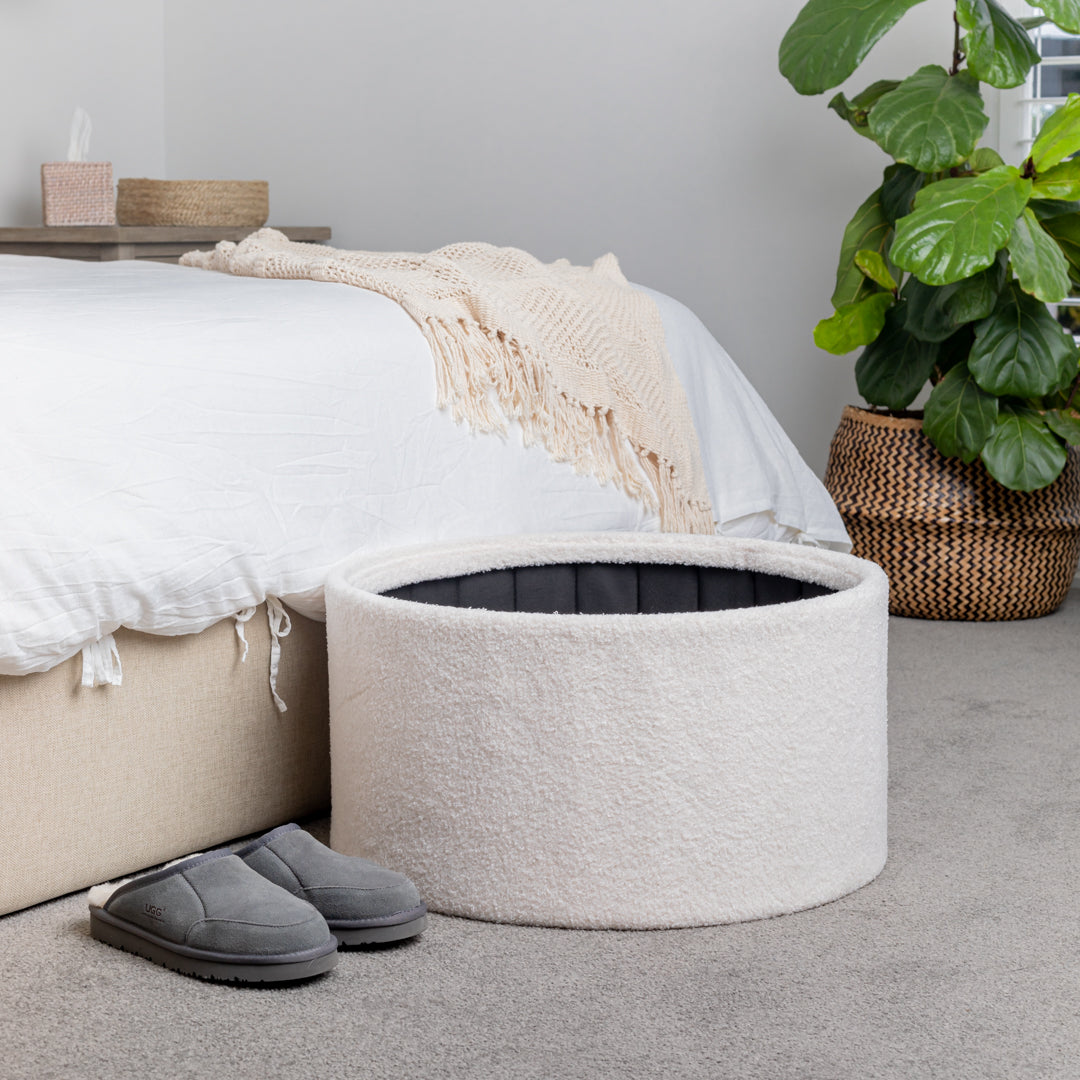White Boucle Large Circular Storage Ottoman - Footstool