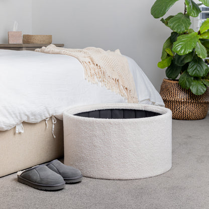 White Boucle Large Circular Storage Ottoman - Footstool