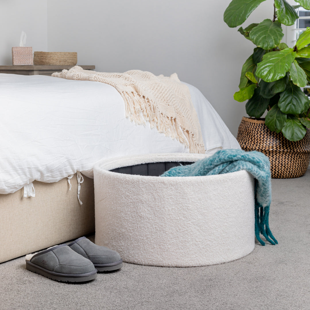 White Boucle Large Circular Storage Ottoman - Footstool