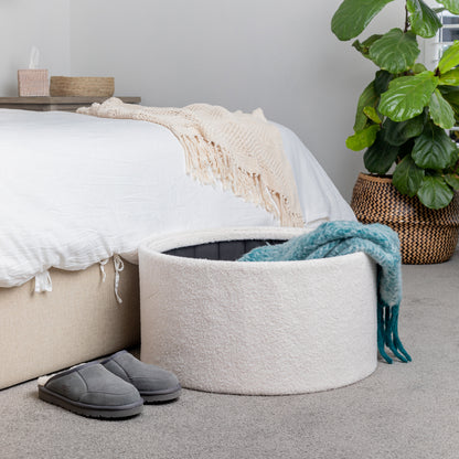 White Boucle Large Circular Storage Ottoman - Footstool