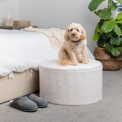 White Boucle Large Circular Storage Ottoman - Footstool