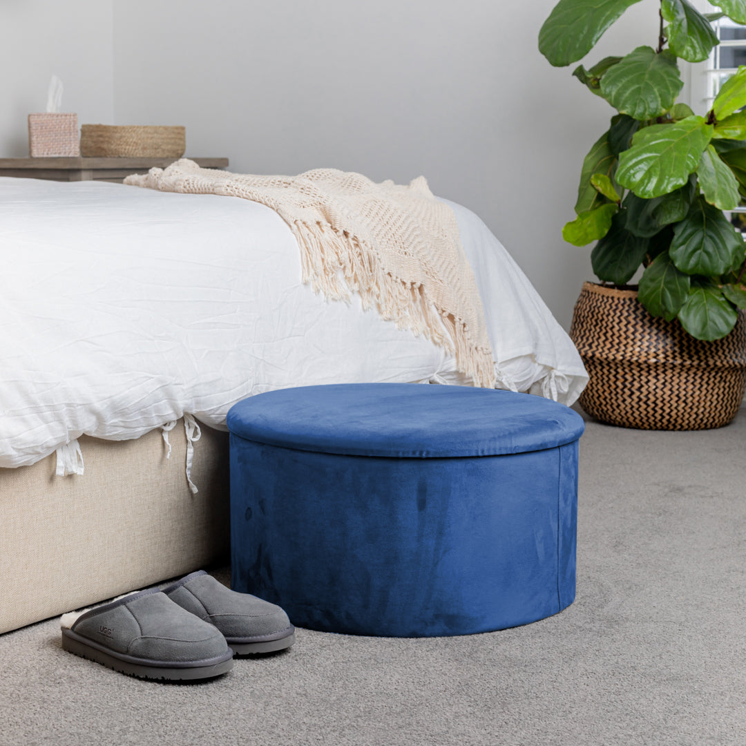 Navy Blue Velvet Circular Storage Ottoman - Footstool
