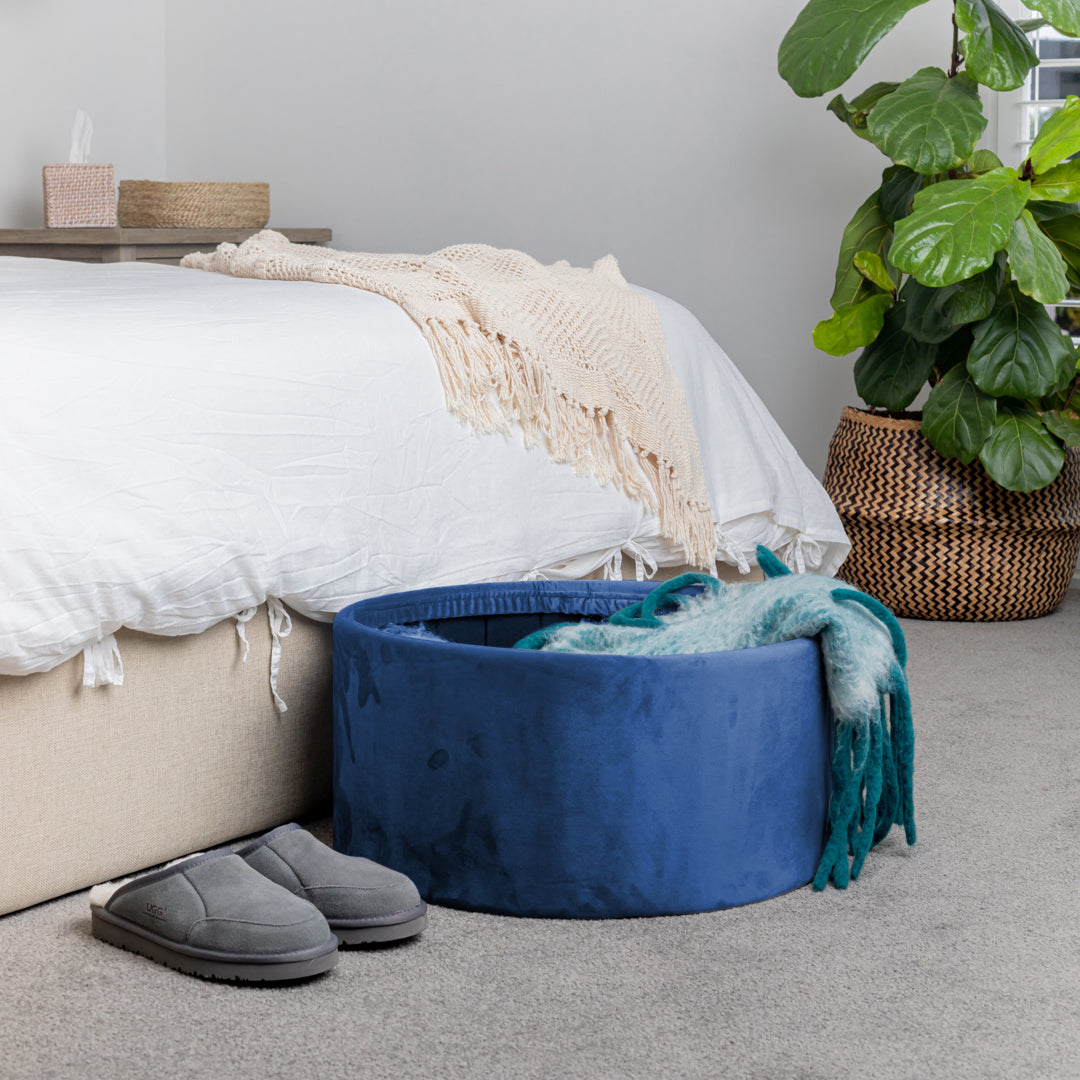 Navy Blue Velvet Circular Storage Ottoman - Footstool