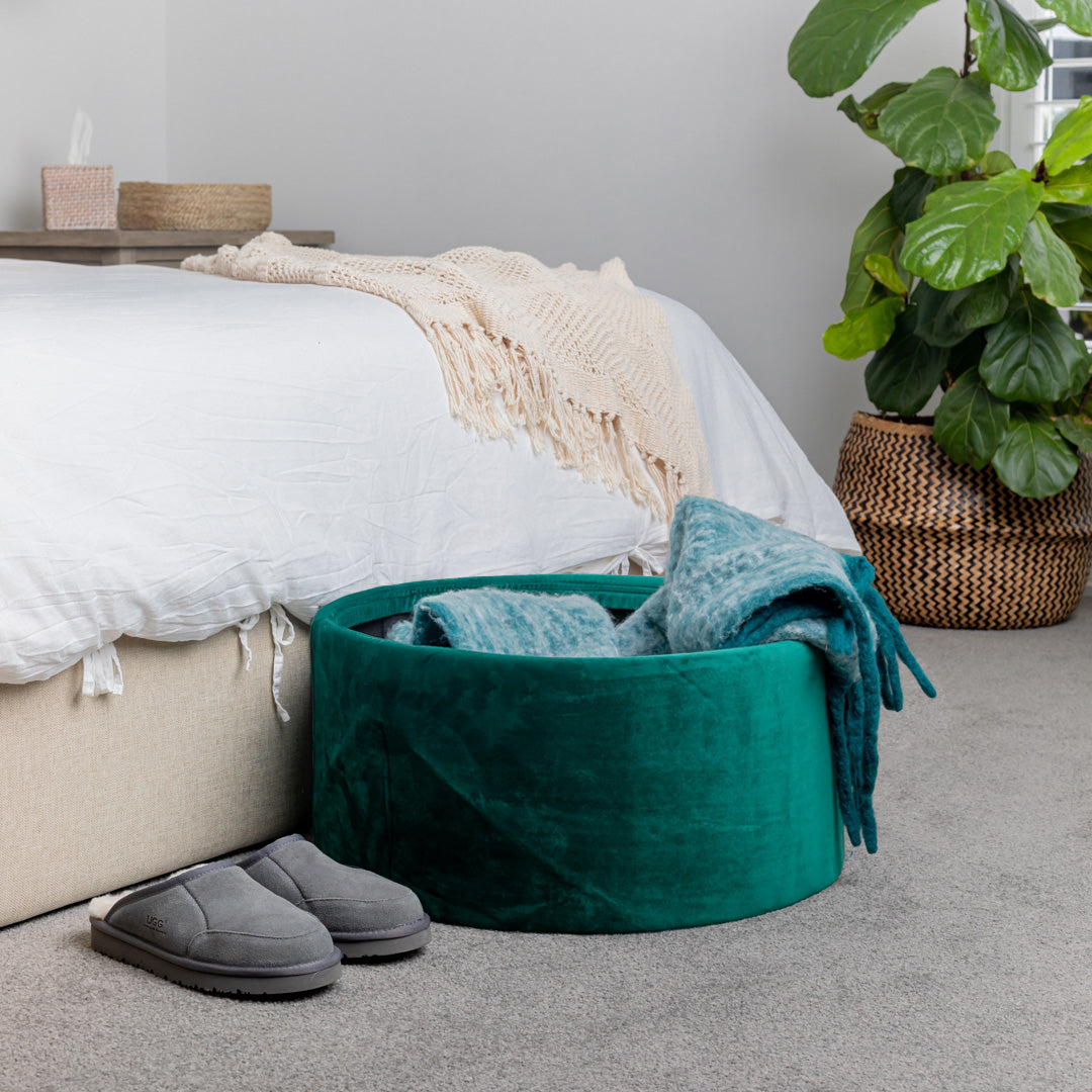 Green Large Velvet Circular Storage Ottoman - Footstool