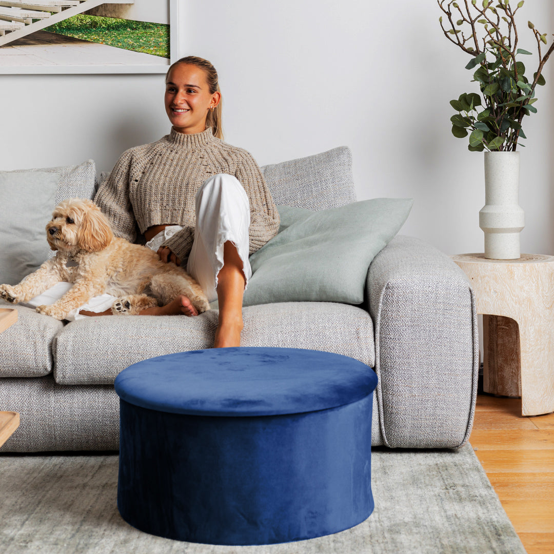 Navy Blue Velvet Circular Storage Ottoman - Footstool