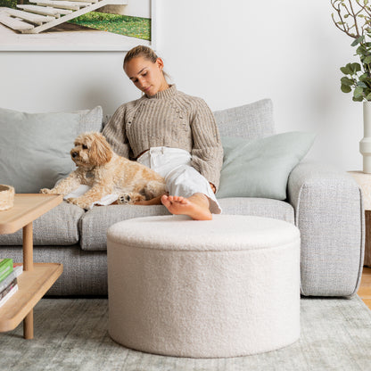 White Boucle Large Circular Storage Ottoman - Footstool