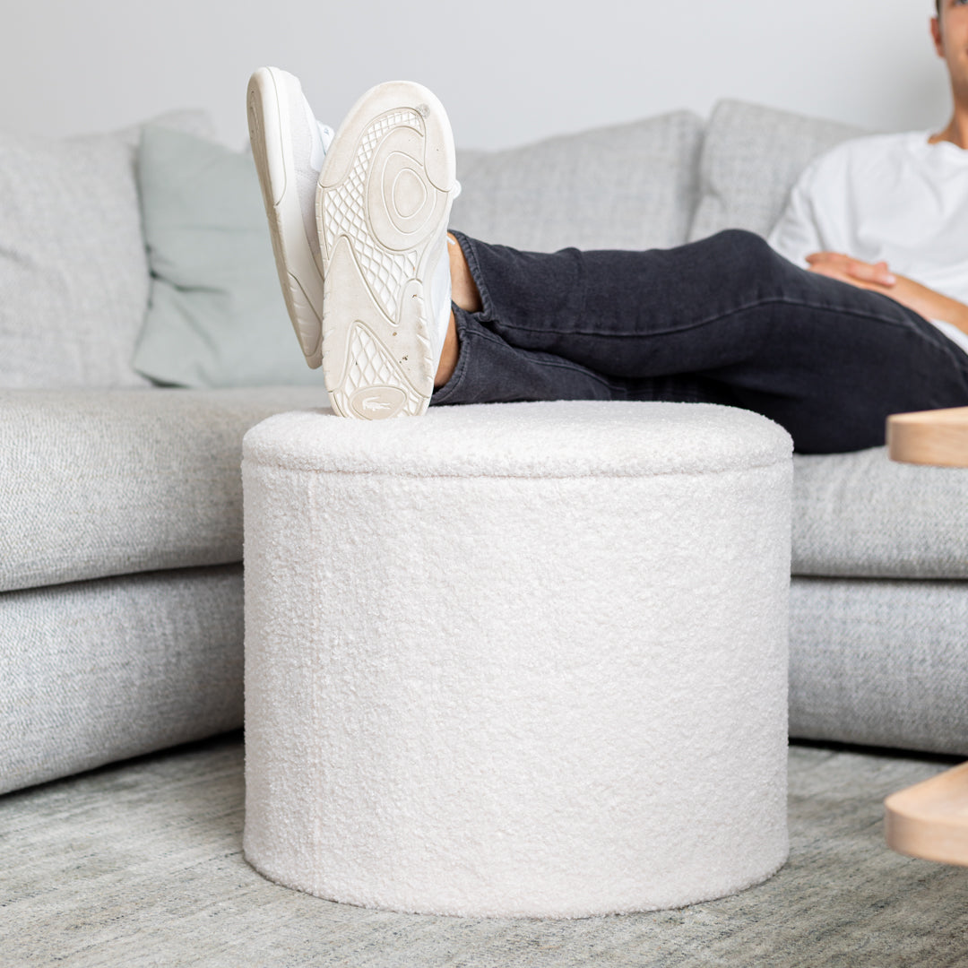 White Boucle Small Circular Storage Ottoman - Footstool