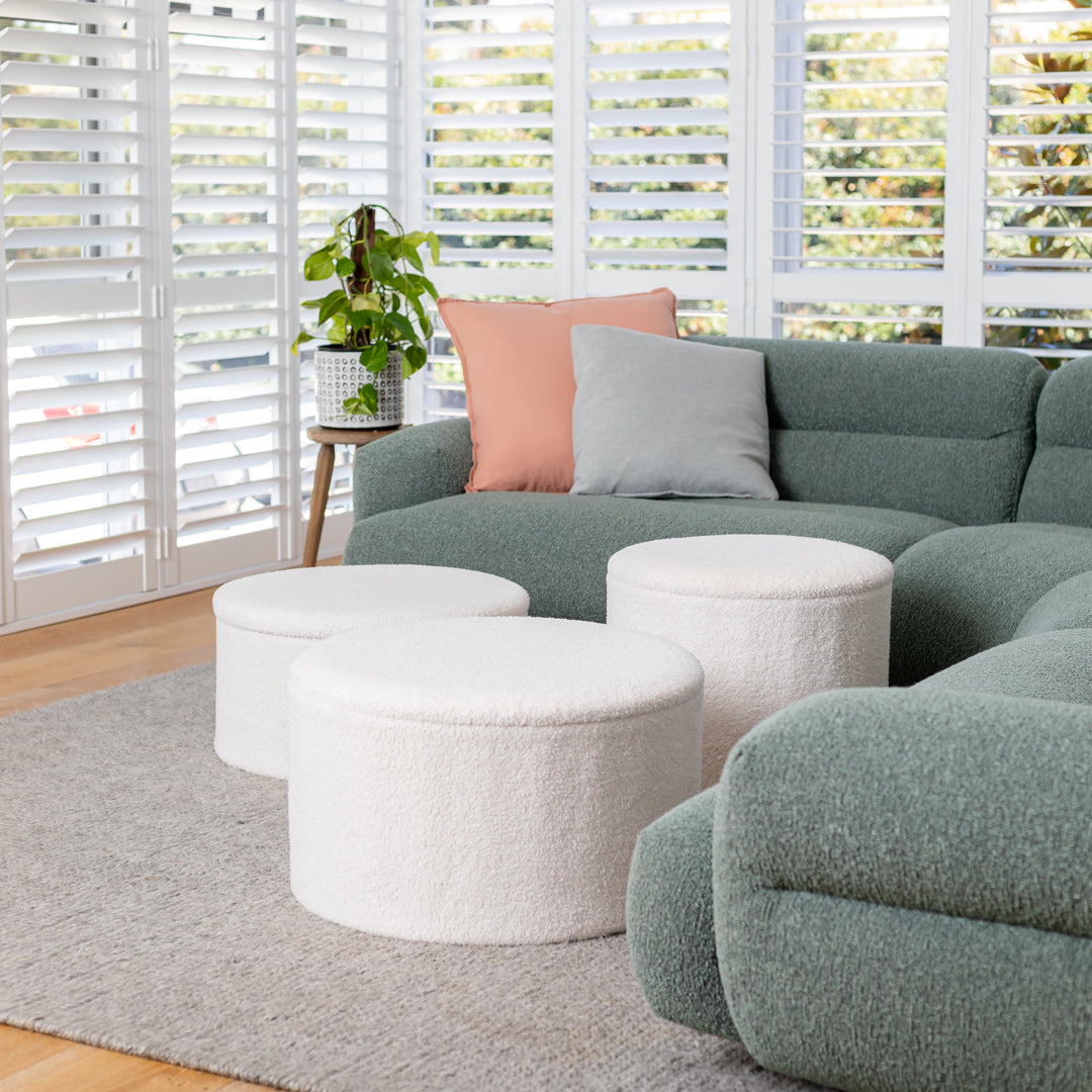 White Boucle Small Circular Storage Ottoman - Footstool