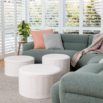 White Boucle Large Circular Storage Ottoman - Footstool