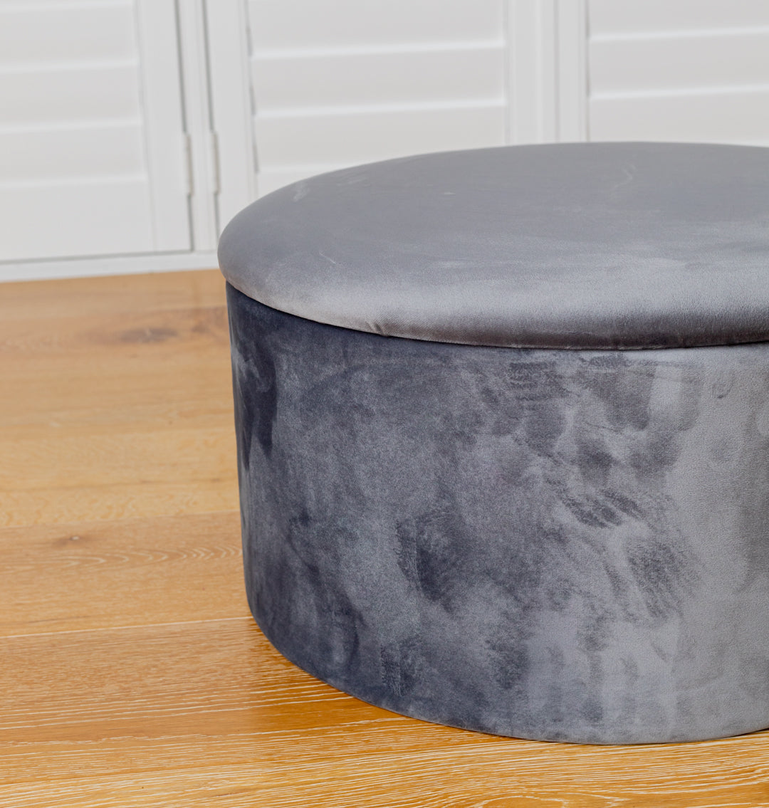 Grey Velvet Circular Storage Ottoman - Footstool