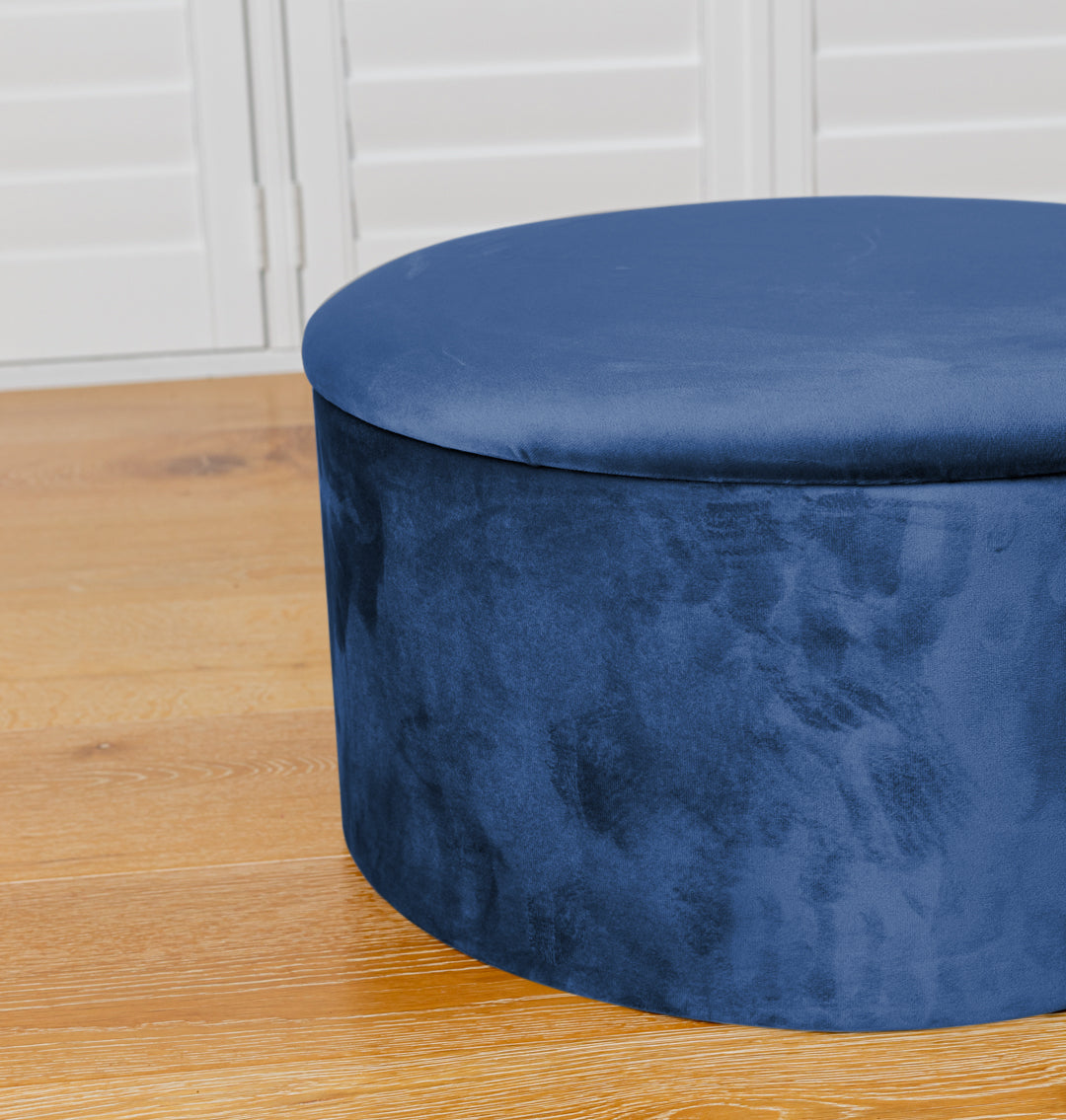 Navy Blue Velvet Circular Storage Ottoman - Footstool