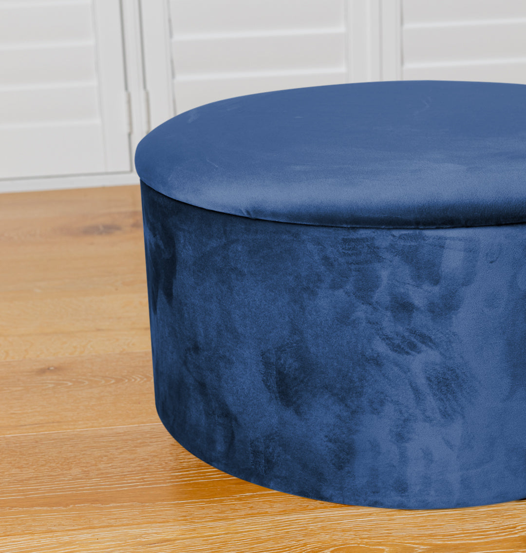 Navy Blue Large Velvet Circular Storage Ottoman - Footstool