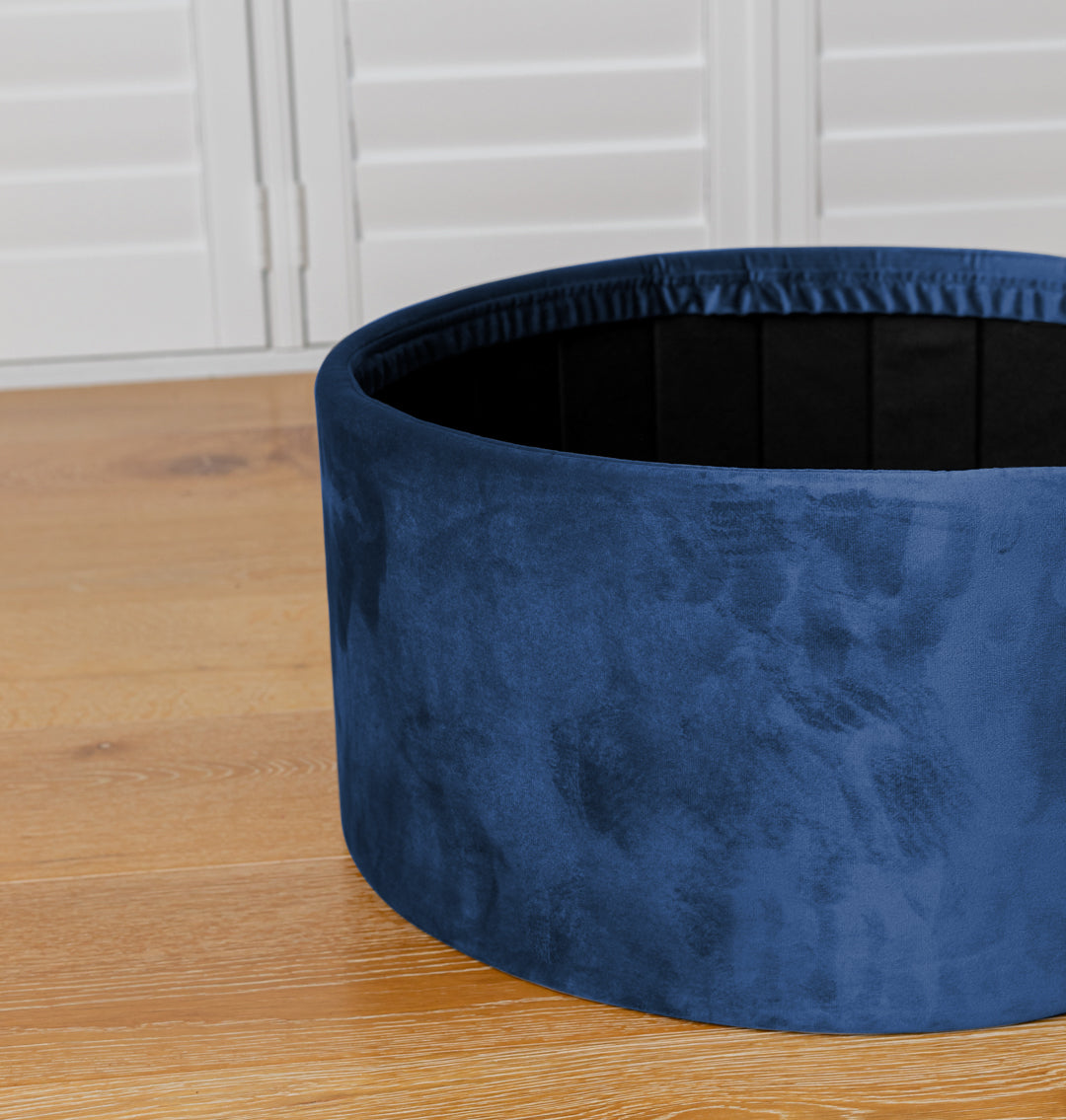 Navy Blue Velvet Circular Storage Ottoman - Footstool