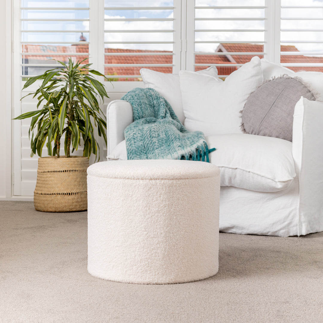 White Boucle Small Circular Storage Ottoman - Footstool