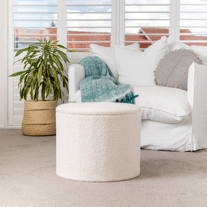 White Boucle Small Circular Storage Ottoman - Footstool