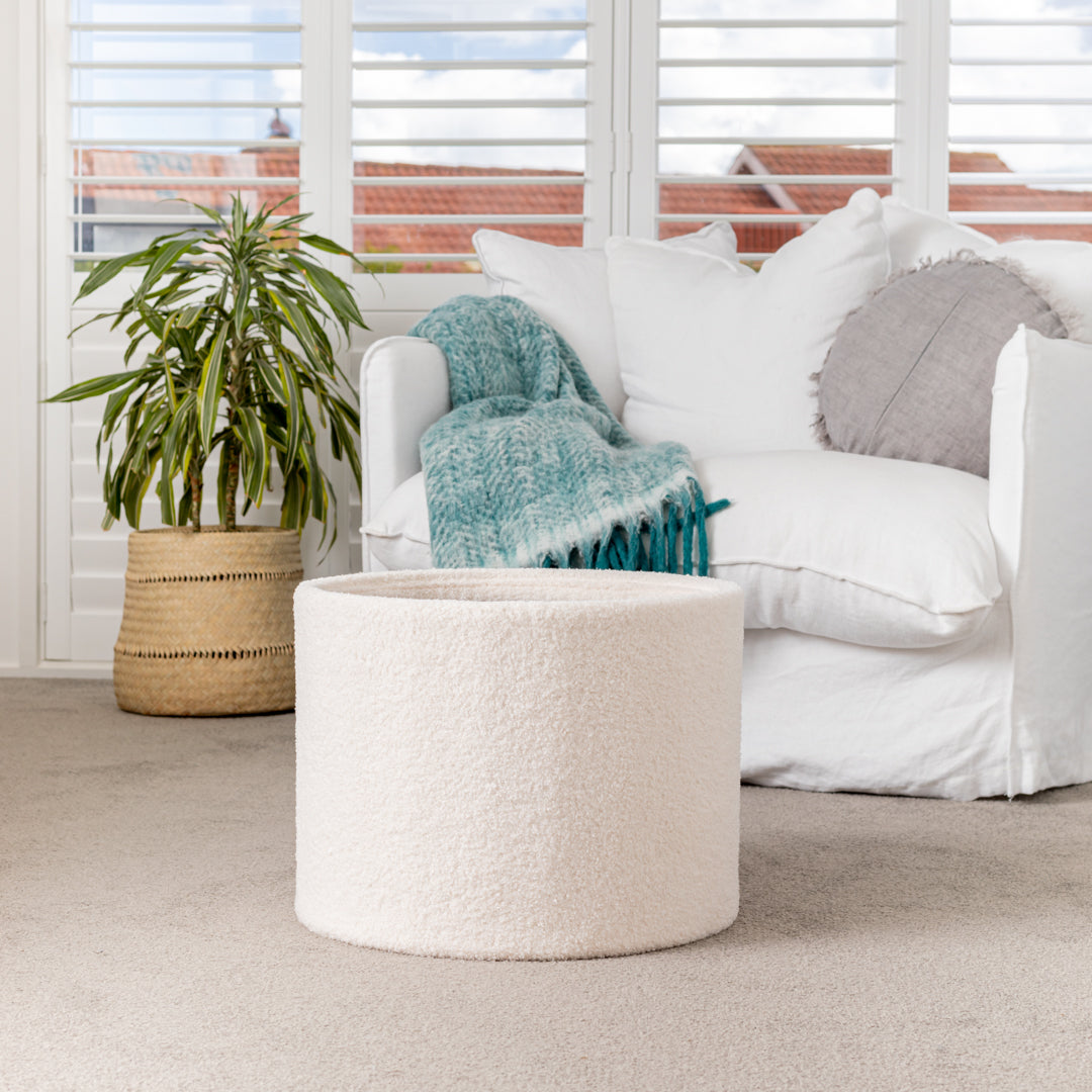 White Boucle Small Circular Storage Ottoman - Footstool
