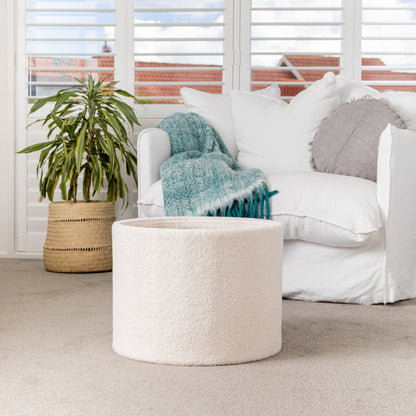White Boucle Small Circular Storage Ottoman - Footstool