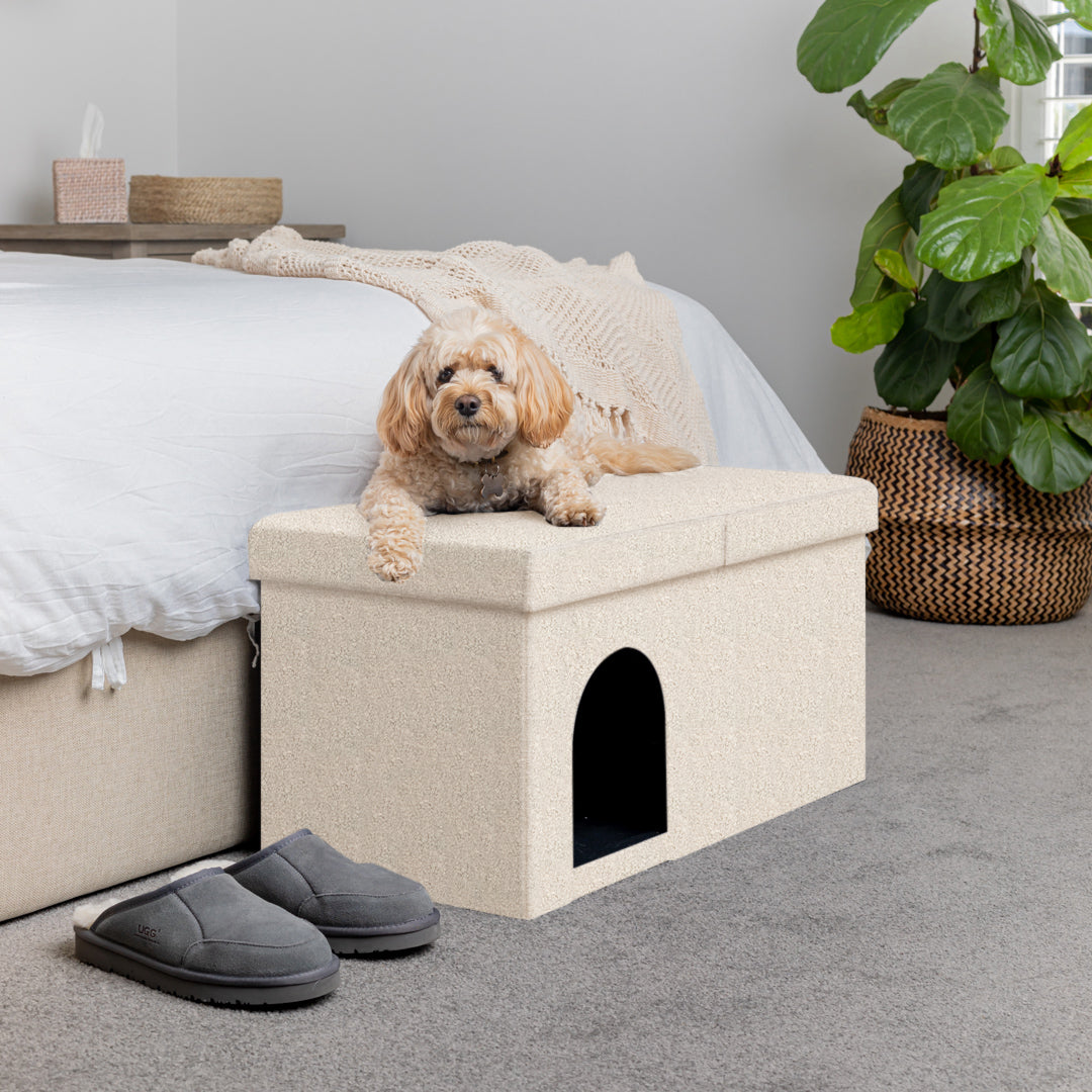 Large White Boucle Pet Ottoman For Dogs and Cats