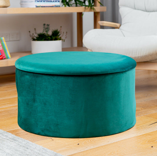 Green Large Velvet Circular Storage Ottoman - Footstool