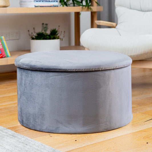 Grey Large Velvet Circular Storage Ottoman - Footstool