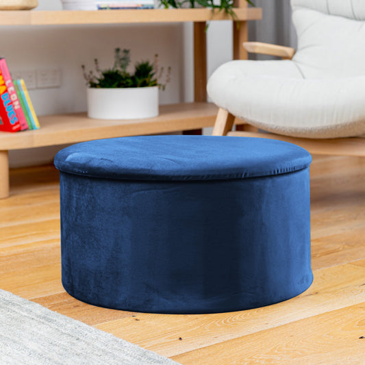 Navy Blue Velvet Circular Storage Ottoman - Footstool