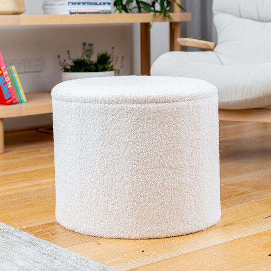 White Boucle Small Circular Storage Ottoman - Footstool