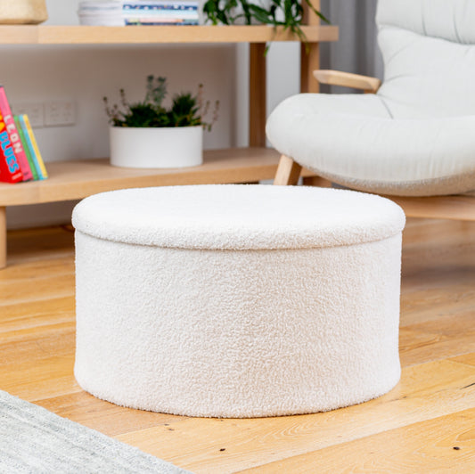 White Boucle Circular Storage Ottoman - Footstool